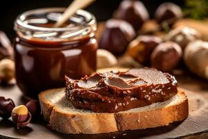 nocciola cioccolato diffusione crostini su di legno per colazione.generativa ai. foto