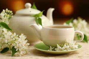 verde tè con gelsomino fiore e bianca ceramica teiera.generativo ai. foto