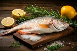 crudo fresco pesce con Limone fette e rosmarino su di legno cucina sfondo foto