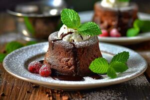 cioccolato lava torta con menta foglia su il tavolo foto