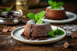 cioccolato lava torta con menta foglia su il tavolo foto