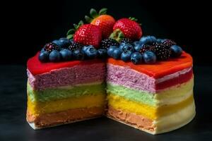 arcobaleno torta di formaggio strato e bacca su nero sfondo foto