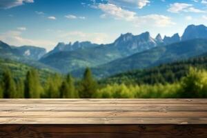 vuoto di legno tavolo con montagna Visualizza e blu cielo sfondo foto