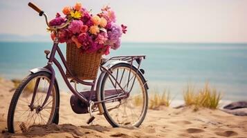 bicicletta con un' cestino si siede su superiore di sabbia vicino il oceano foto