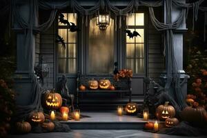 Halloween decorazioni su il veranda con zucche foto