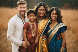 indiano un' famiglia Tenere bambini nel loro braccia nel un' parco foto