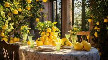 tavolo impostazioni con limoni e verdura nel il all'aperto cenare la zona foto