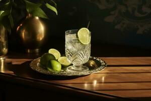 Gin e Tonico su un' di legno tavolo su il buio lato foto