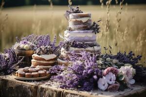 un' torta tavolo nel un all'aperto ambientazione foto