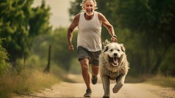 un' uomo jogging con il suo cane foto