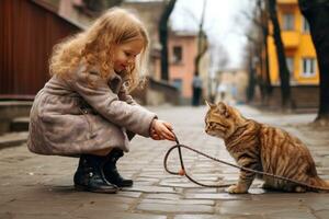 un' ragazza detiene un' corda con un' arco e un' gatto giochi con sua su il strada foto