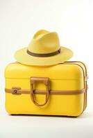 valigia con estate cappello isolato foto