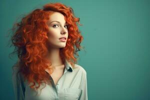 donna con rosso capelli pensiero di qualcosa foto