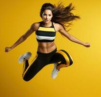 un' adolescenziale ragazza salto nel gli sport capi di abbigliamento su giallo sfondo foto