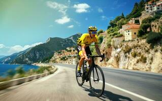 ciclista equitazione giù il strada foto