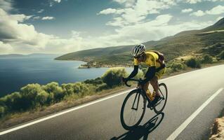 ciclista equitazione giù il strada foto