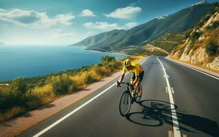 ciclista equitazione giù il strada foto