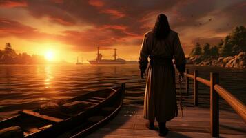 Gesù a piedi verso un' canoa nel il lago foto
