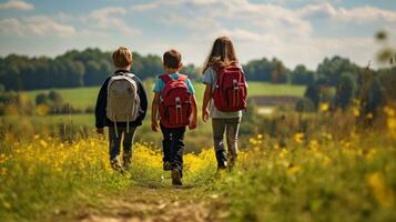 bambini a piedi su un' sentiero trasporto zaini foto