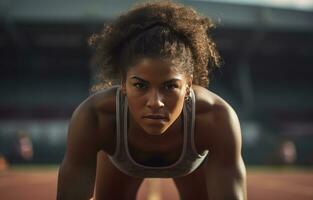 donna allungamento esercizio nel Atletica su traccia foto