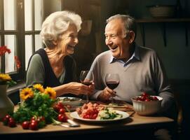 vecchio coppia cucinando a il cucina foto