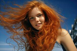 attraente giovane donna con Riccio rosso capelli e un' Sorridi foto