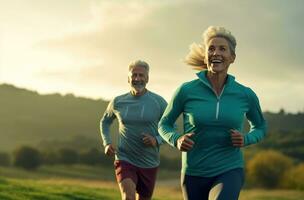 un più vecchio coppia è jogging nel un Aperto campo foto