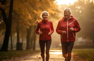 un più vecchio coppia è jogging nel un Aperto campo foto