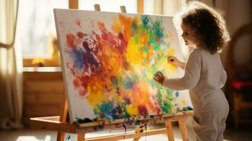 un' poco ragazza pittura un astratto pittura su un cavalletto foto