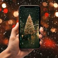 un' mano Tenere un' Telefono con un' Natale albero sfondo foto