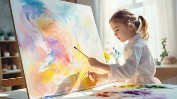 un' poco ragazza pittura un astratto pittura su un cavalletto foto