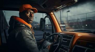 un' camion autista è guida un' camion con un arancia veste foto