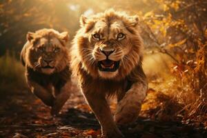 il leoni in esecuzione selvaggio nel davanti di un' naturale sfondo foto