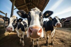 mucche dentro moderno latteria azienda agricola foto