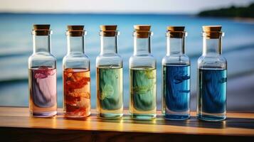 bicchieri bottiglie con diverso colori di trasparente cocktail foto