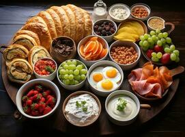 prima colazione piatto con frutta e cibo foto