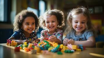 eccitato bambini giocando con giocattoli nel aula foto