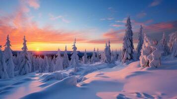 inverno paesaggio con innevato alberi e un' bellissimo tramonto nel il sfondo foto