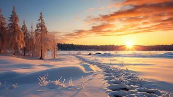 inverno paesaggio con innevato alberi e un' bellissimo tramonto nel il sfondo foto
