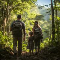 famiglia escursioni a piedi attraverso lussureggiante foresta foto