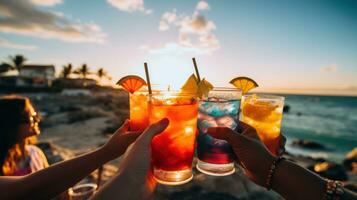 amici applauso con cocktail su il spiaggia foto