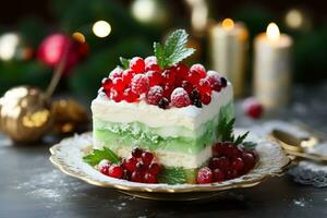 Natale torta con frutti di bosco su un' buio sfondo. generativo ai. foto