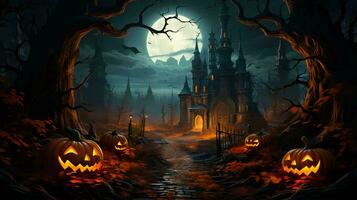 castello e zucche con pauroso facce a notte nel il foresta per il vacanza di Halloween foto