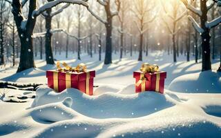d'oro i regali nel un' nevoso Natale Paese delle meraviglie ai generato foto