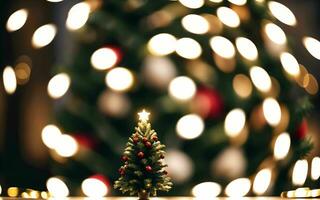 incantata Natale sera un' bellissimo sfocato sfondo con albero luci ai generato foto