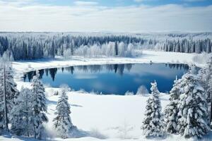 aereo Visualizza di il foresta con un' lago a inverno. il alberi siamo coperto con neve. bellissimo natura. foto