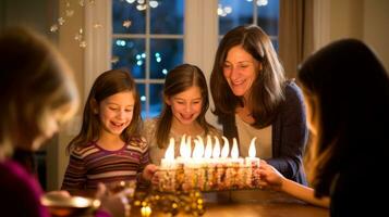 contento esteso ebraico famiglia festeggiare hanukkah mentre raccolta a cenare tavolo, lume di candela quello brilla brillantemente, generativo ai illustrazione foto