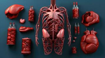 3d illustrazione modello di il umano organo sistema, anatomia, nervoso, circolatorio, digestivo, escretore, urinario e osso sistemi. medico formazione scolastica concetto, generativo ai illustrazione foto