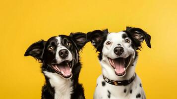 Due contento sorridente cani isolato su giallo sfondo. orizzontale panoramico bandiera modello con copia spazio. adorabile animale domestico ritratti. illustrazione ai generativo foto