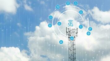 Doppio esposizione di telecomunicazione Torre di 4g e 5g cellulare. senza fili comunicazione antenna trasmettitore, tecnologia sfondo. foto